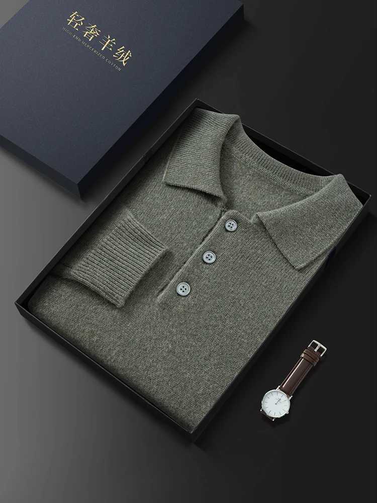 100% Cashmere Mens Polo Collar Pullover Sweater Autumn Solid Business Casual Knitted Loose Large Jacket CL240924