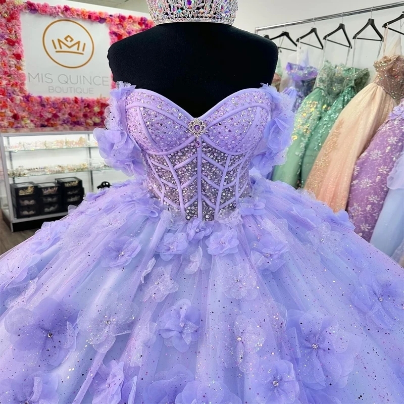 Lilac Sky Blue Princess Ball Gown Quinceanera Dresses Off Shoulder Flower Beaded Crystals Tull Sweet 16 Party Birthday Vestido 15 De Anos
