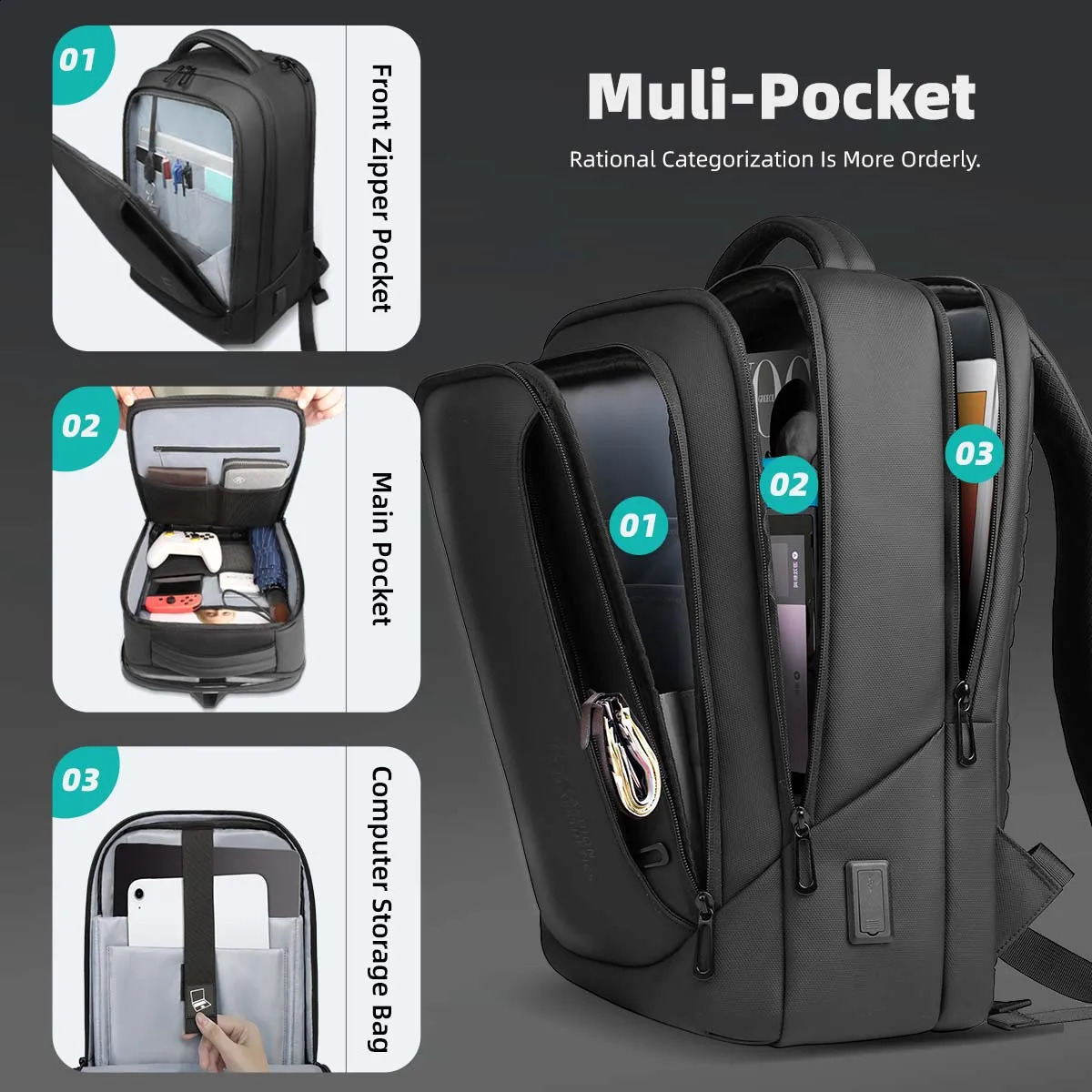 HK Mens Laptop Bag Waterproof School Bags for College Boys Male Business Sports Travel Backpack Men With USB Charging 240919
