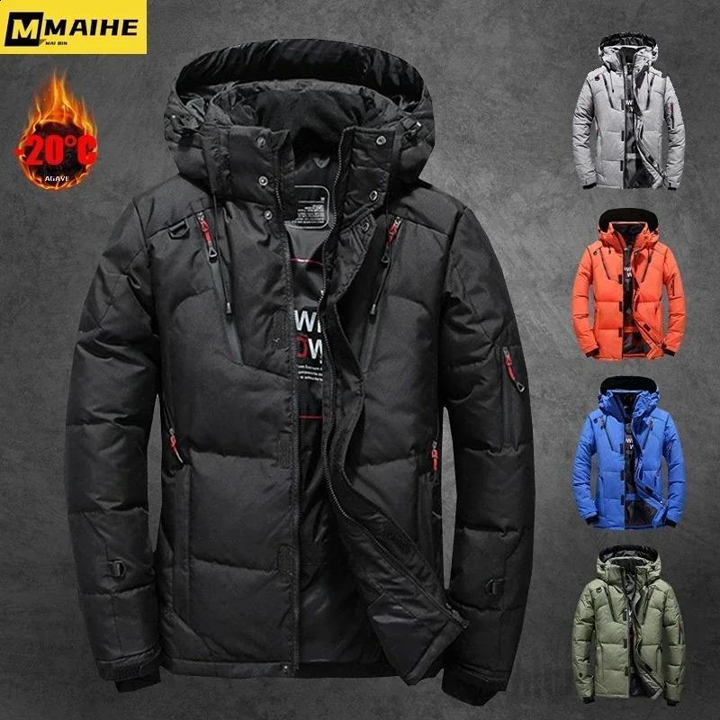 -20 Degree Winter Mens White Duck Down Jacket Thicken Warm Snow Coat Male Hooded Windbreaker Down Parkas Outerwear Sportswear 240912