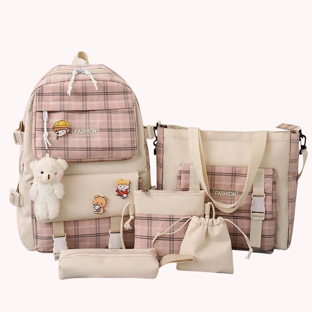 5pieceset backpack combination set large capacity canvas school waterproof shoulder handbag pendant badge 240724