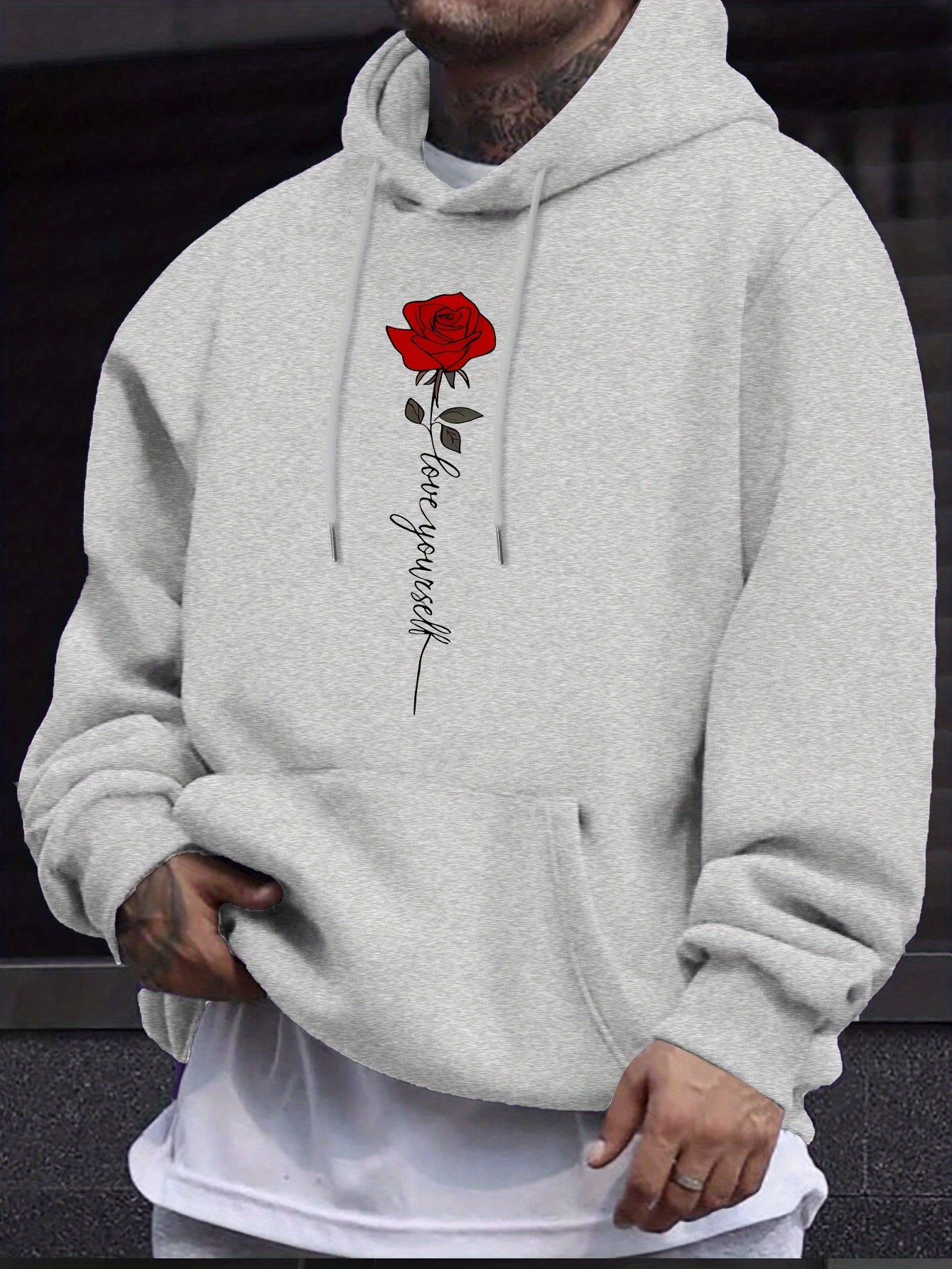 Rose And LOVE YOURSELF Print Men's Trendy Versatile Hoodie, Comfortable Long Sleeved Top, Perfect For Autumn And Winter Daily Commute & Outdoor T