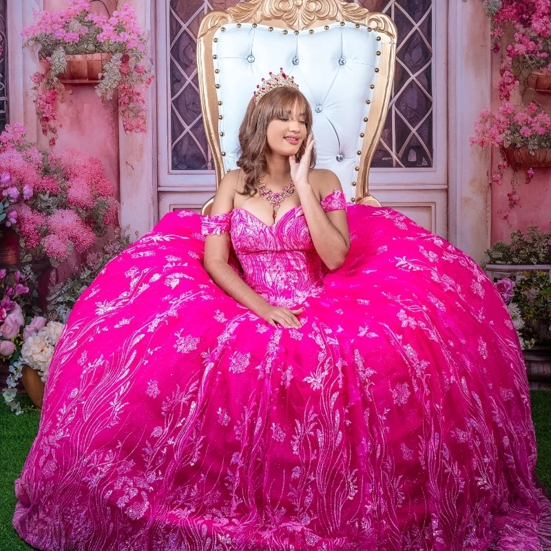 Sparkly Rose Red Princess Quinceanera Dresses Off Shoulder Sequin Lace Beads Crystal Tull Sweet 16 Dress Ball Gown Vestidos De 15 Anos