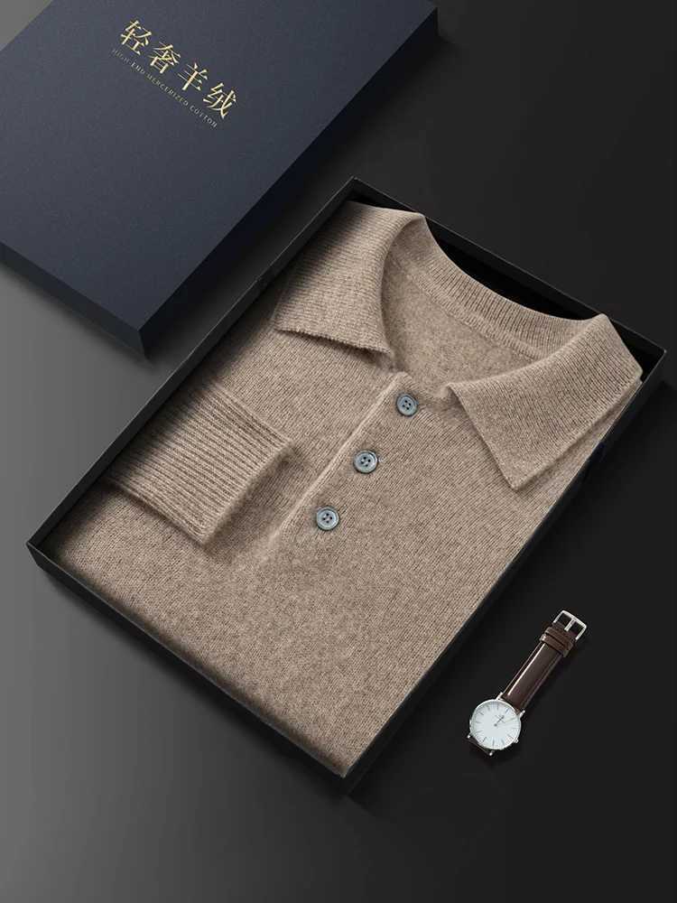 100% Cashmere Mens Polo Collar Pullover Sweater Autumn Solid Business Casual Knitted Loose Large Jacket CL240924