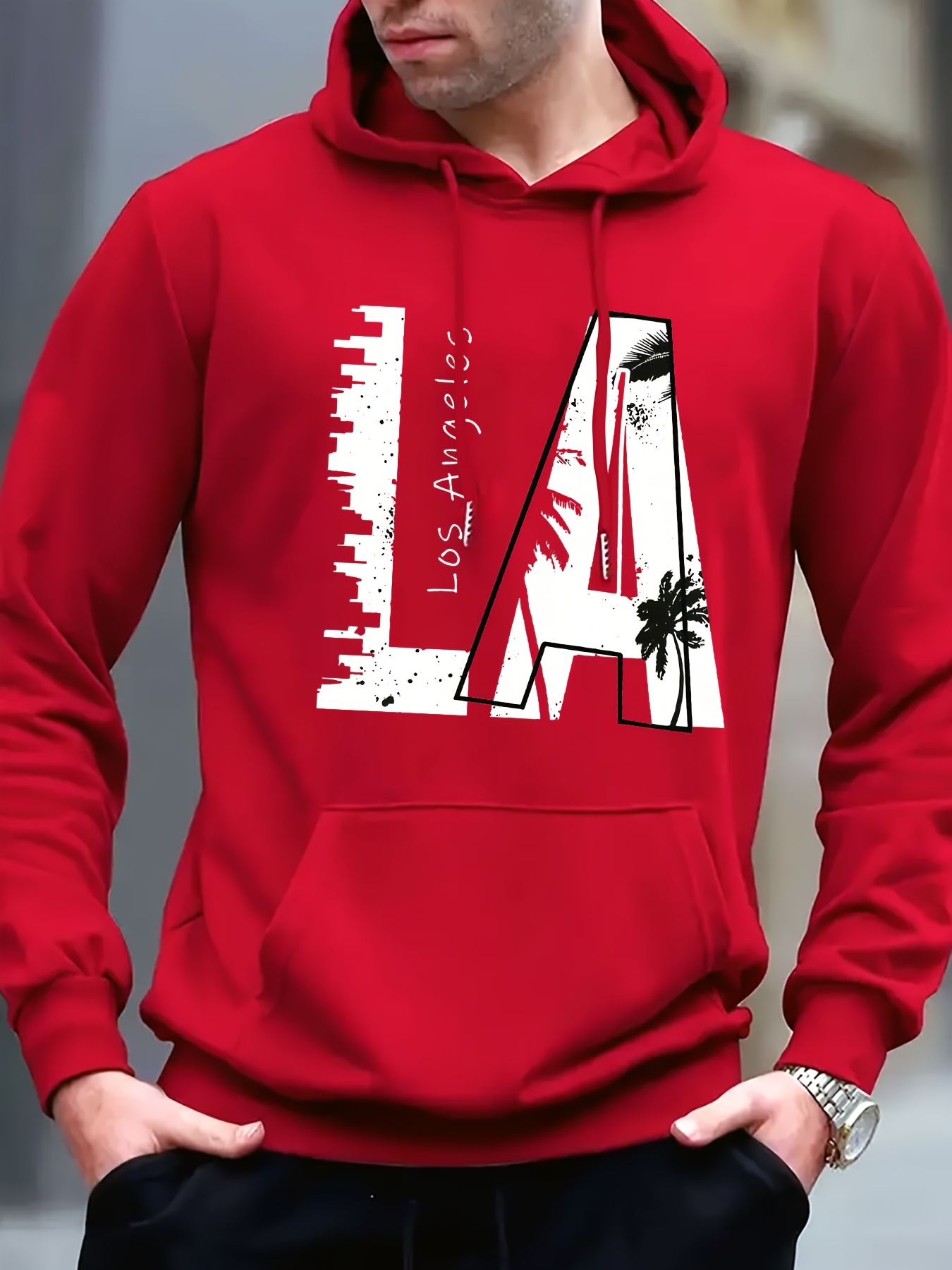 Men's LA Print Casual Hoodie - Fashionable Drawstring Pullover with Kangaroo Pocket, Comfortable Polyester Blend for Fall/Winter