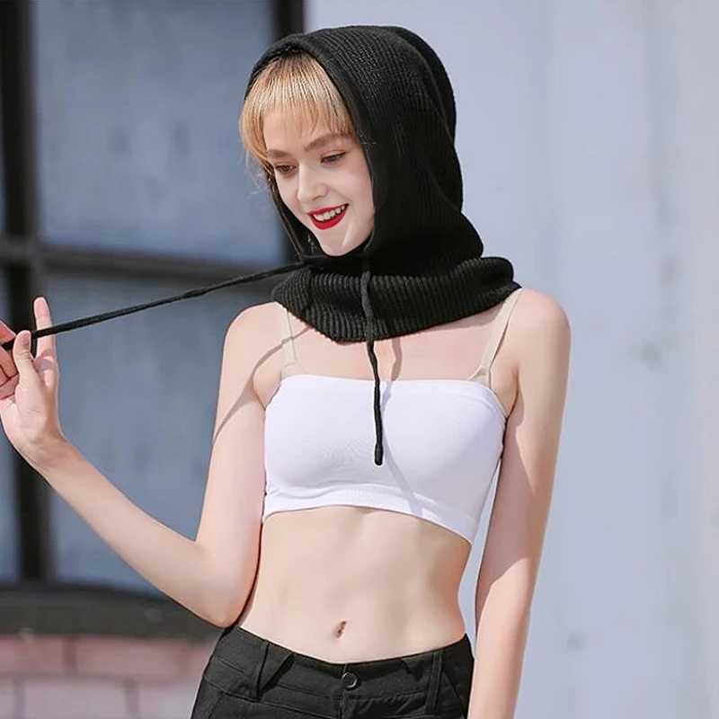 Unisex wool knitted Balaclava hat womens winter cashmere hooded bead neck scarf hat mens brushed Y2K hip-hop Skulls W240924