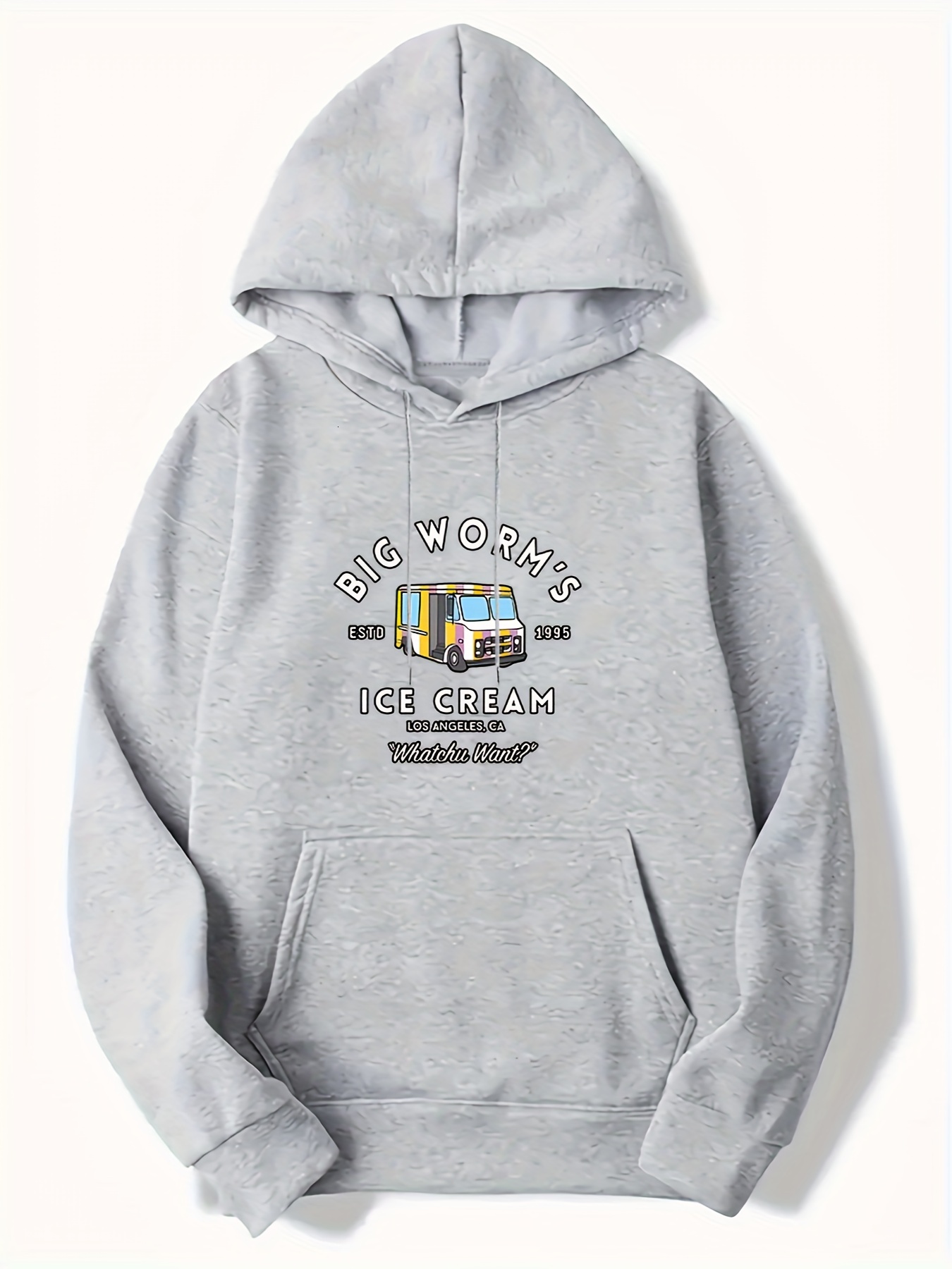 "Big Worm's Ice Cream" Print Hoodie For Men, Casual Hooded Long Sleeve Top, Men's Clothes For Spring Fall Winter, As Gift