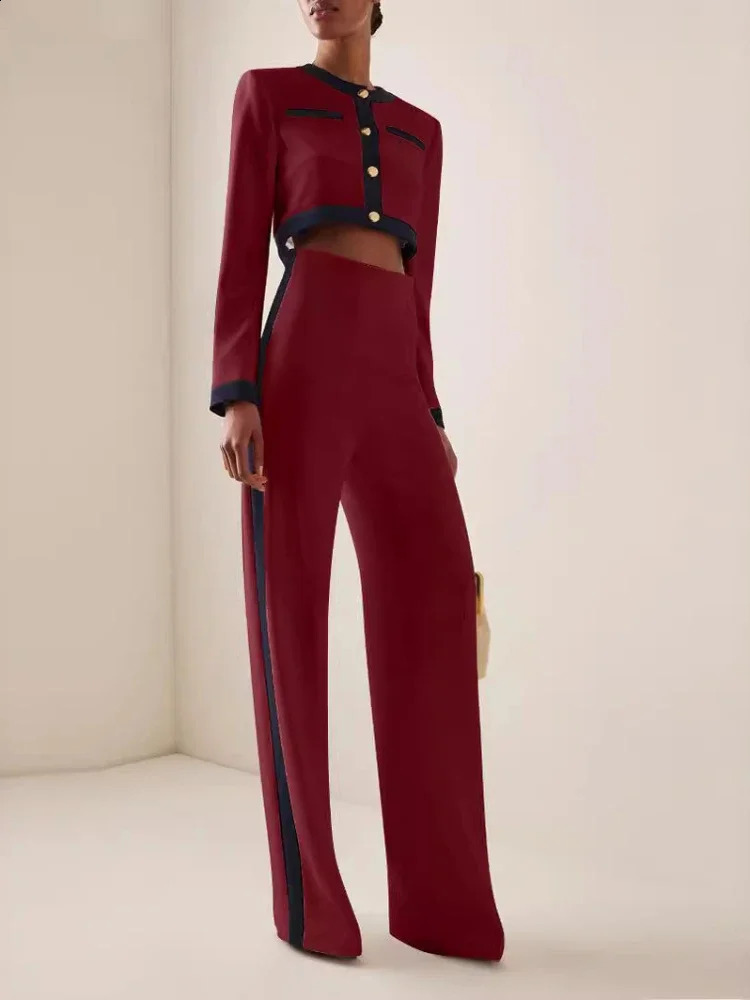 Fashion twopiece womens round neck long sleeved patchwork work single chest button top loose wide leg pants casual set autumn 240924