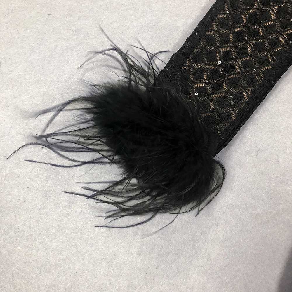 KLEEZY new womens sexy V-neck long sleeved feather black sequin tight and elegant party jumpsuit W240924