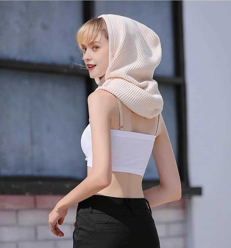 Unisex wool knitted Balaclava hat womens winter cashmere hooded bead neck scarf hat mens brushed Y2K hip-hop Skulls W240924