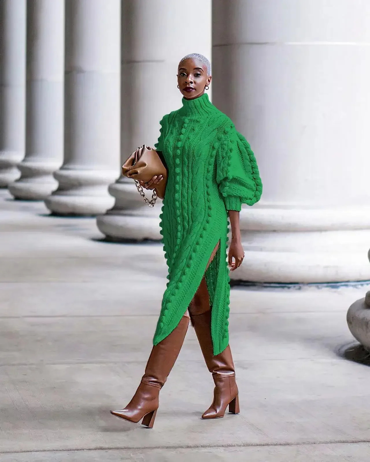 2024 Autumn Women Long Sleeve Turtleneck Knitted Dress Sexy High Split Sweater Dress Casual Warm Winter Thicken Dress Female 240913