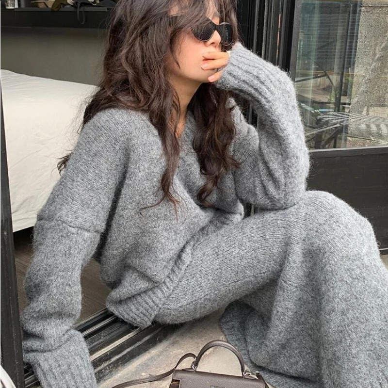 Women Casual Dress V Neck Two Pieces Knitted Sweater Long Skirts Long Sleeve Warm High Qaulity Women Fashion Streetwear Suit 240919
