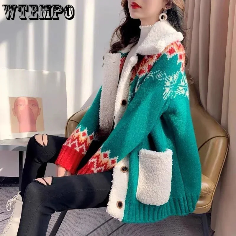WTEMPO Womens Christmas Sweater Fur Notched Collar Warm Winter Autumn Coat Loose Button Under Knitted Womens Knitted Cardigan 240923