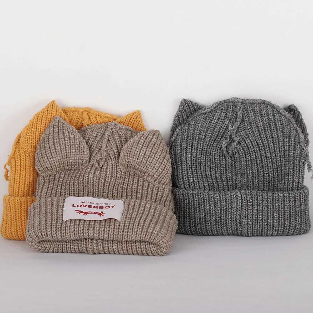 2023 Loverboy Cat Ear Knit Hat solid Warm Pig Ear Woolen Hat Cute Fashion Hooded Cap Niche Design Hip-hop Personality Cold HatX240924