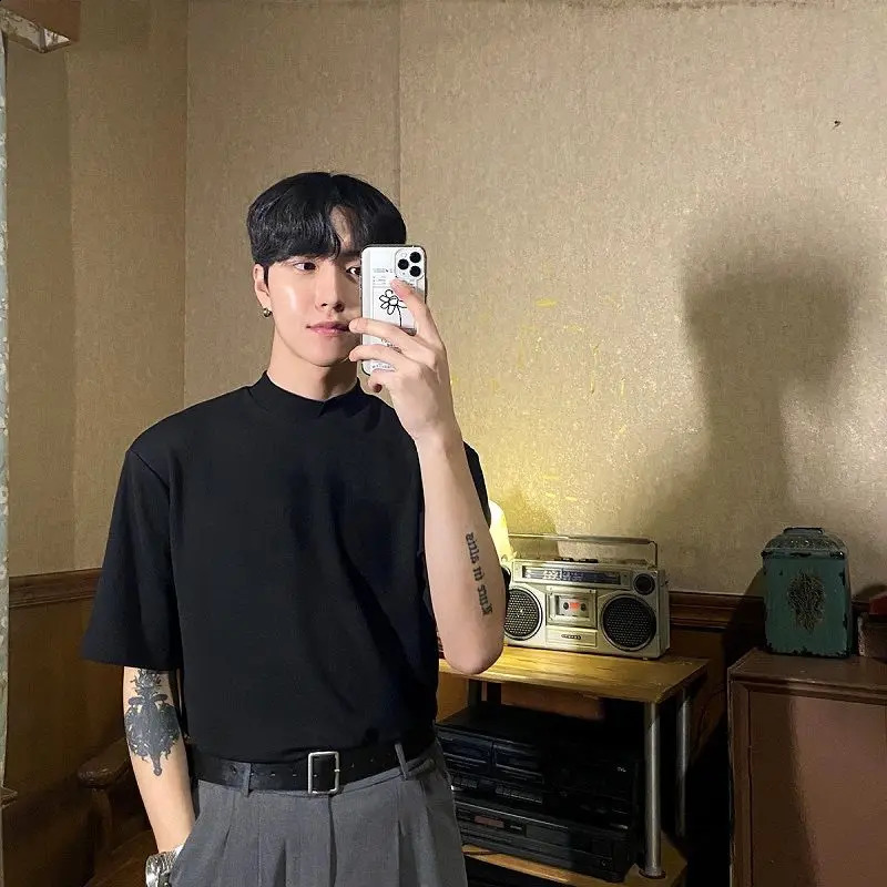 Korean style highend half turtleneck shortsleeved summer Tshirt for men loose icesleeved bottoming shirt y2k trendy ins top 240924