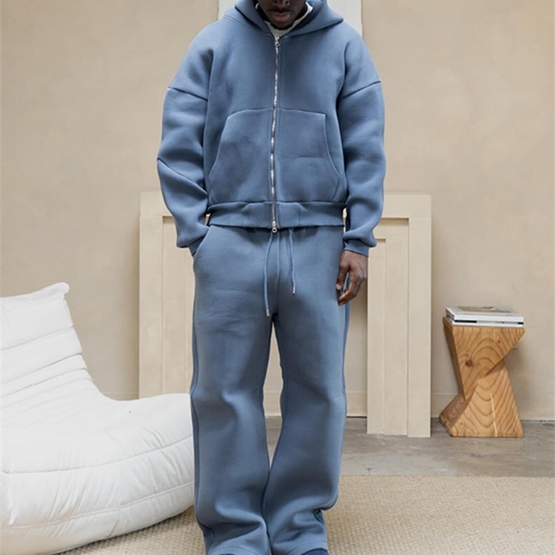 American classic solid color sportswear two-piece set fashionable mens zipper pocket hooded sweatshirt and elastic waist drawstring sweatpants 240923