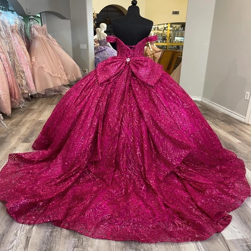 Rose Red Sparkly Princess Quinceanera Dresses Off Shoulder Gillter Crystal Sequins Lace Bow Corset Sweet 16 Vestidos 15 De Anos