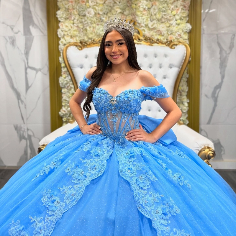Mexican Shiny Quinceanera Dresses Ball Gown Lace Applique Beading Bow Tiered Tull Corset Sweet 16 Dress Vestido De 15 Anos