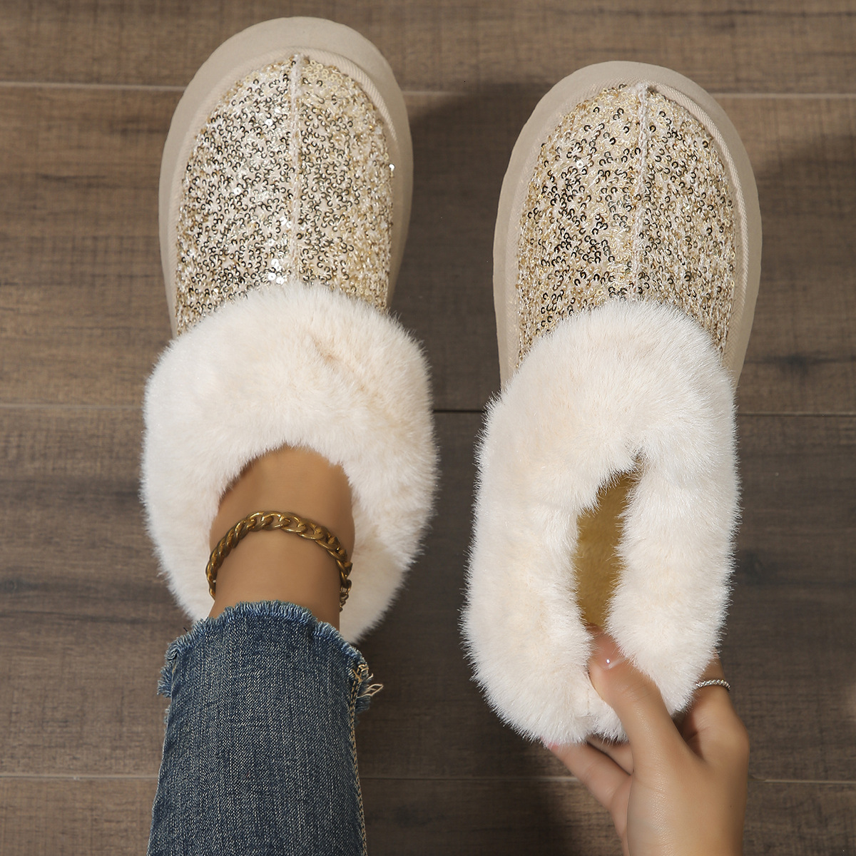 Ankle Snow Boots Women Winter 2024 New Fashion Shiny Fur Short Plush Warm Flats Slippers Platform Shoes Indoor Cotton Flip-Ps