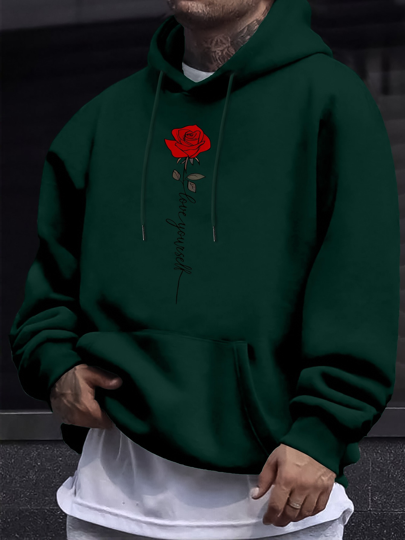 Rose And LOVE YOURSELF Print Men's Trendy Versatile Hoodie, Comfortable Long Sleeved Top, Perfect For Autumn And Winter Daily Commute & Outdoor T