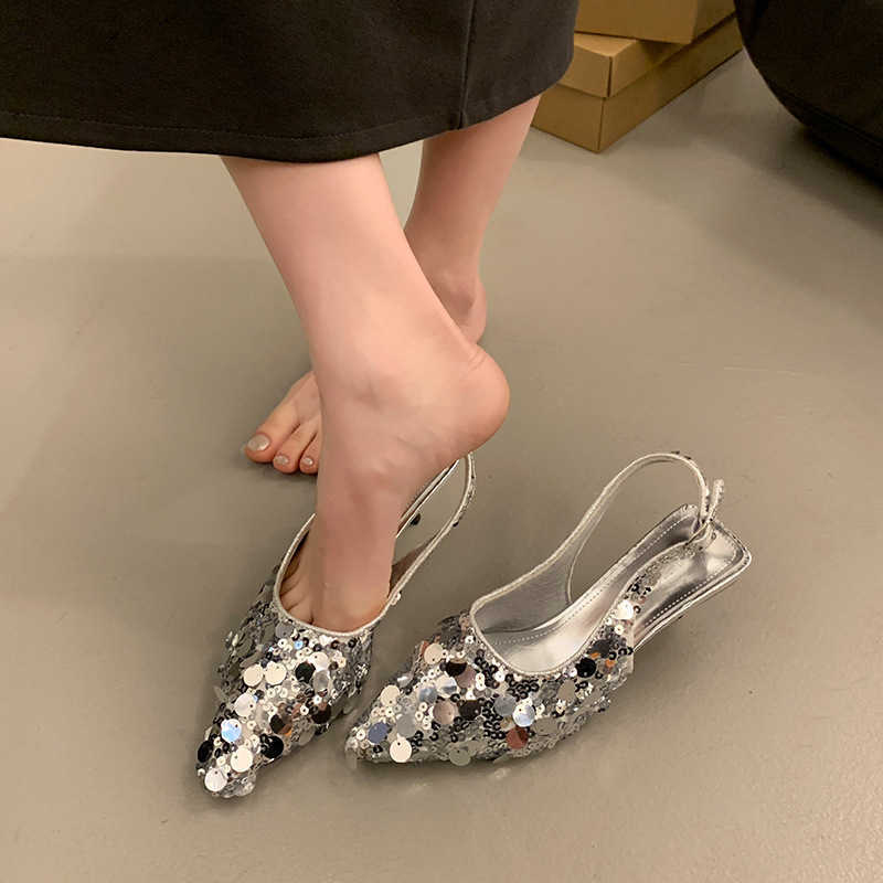 shoes heels red bottomed heels French style niche high-heeled shoes with silver temperament hooded sandals fairy shoes 2024 new spring and summer poin