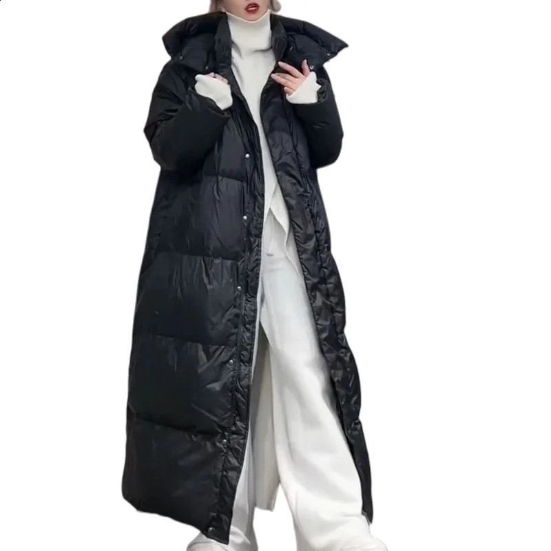 Super Changbai Duck Down Jacket Womens Winter Warm Knee Long Sleeve Solid Color Hooded Fashion 240921