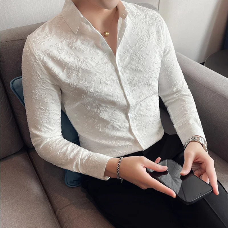 Vintage Jacquard Shirt Spring Long Sleeve Slim Fit Casual Tuxedo Fashion Man Wedding social Shirts Plus Size 4XL-M 240924