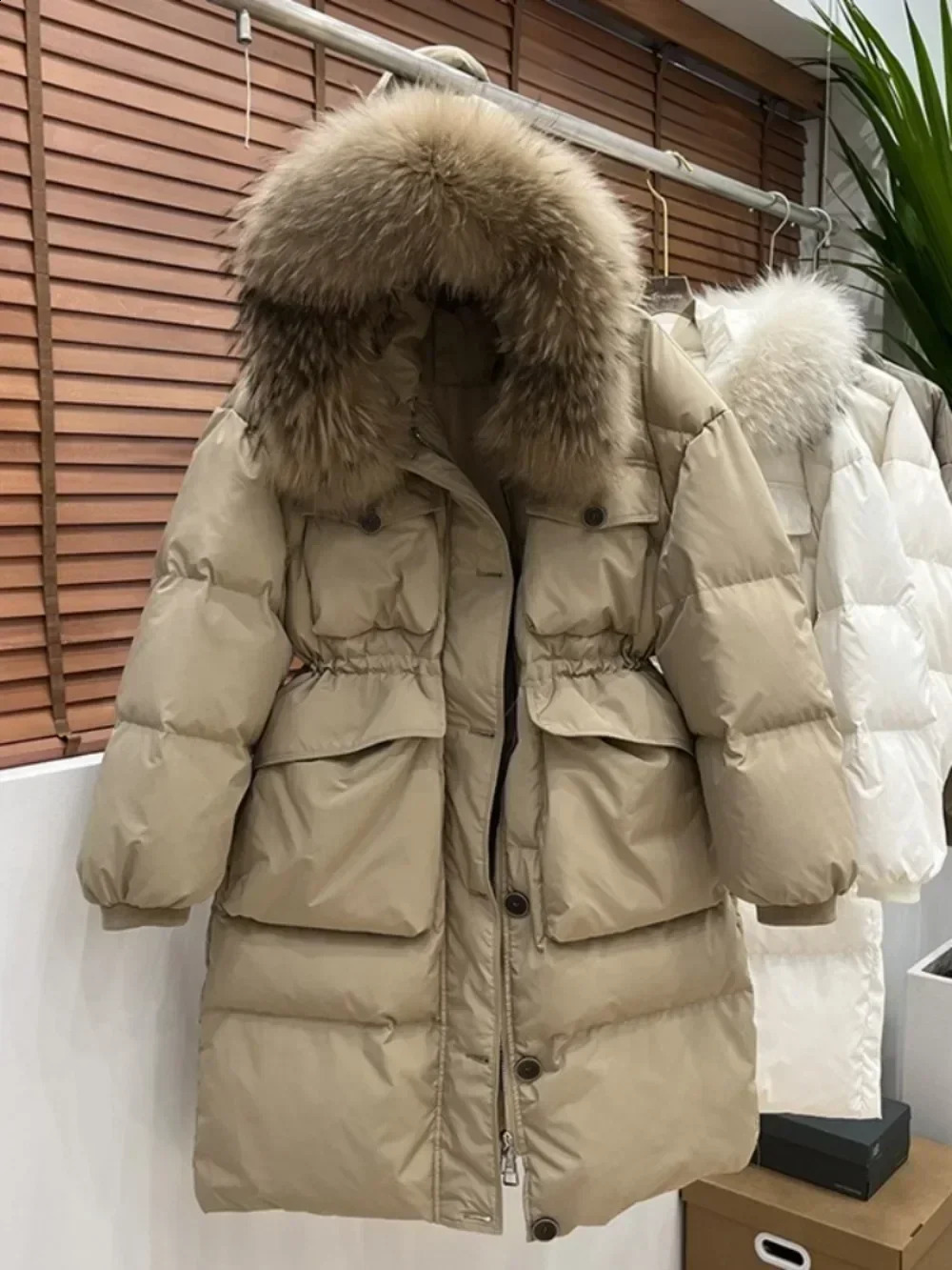 Winter Womens Hooded Duck Raincoat Parkas Waterproof Raccoon Fur Coat Long Inflatable Jacket 240921