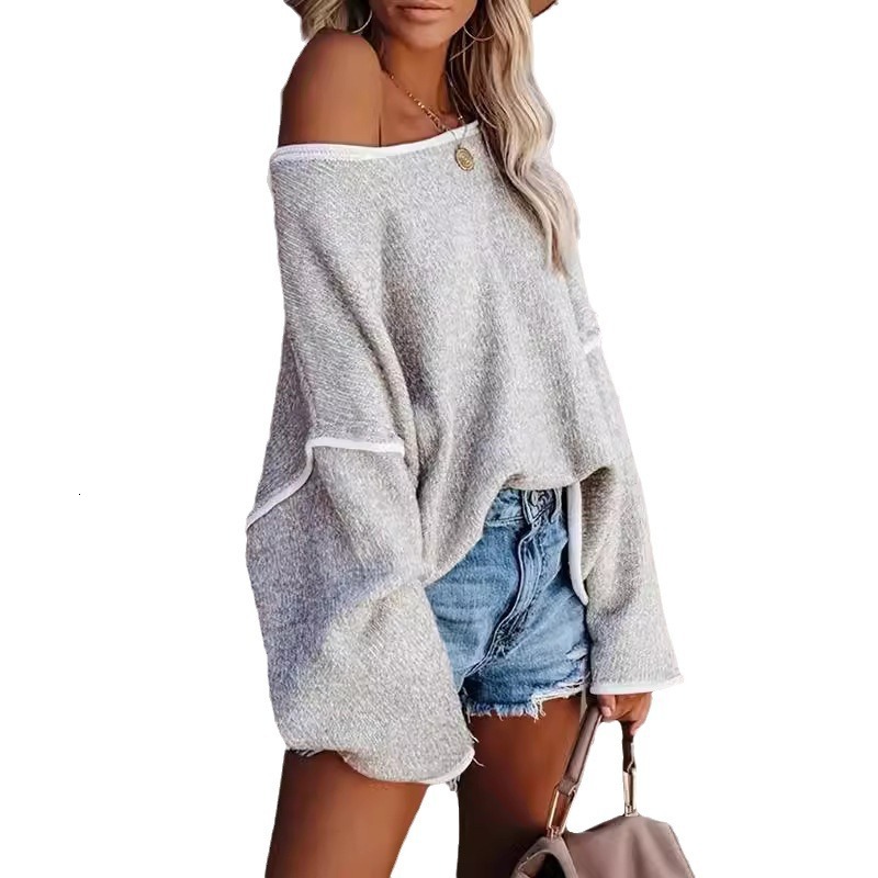 dongdumaoyi Fashionable and personalized one neck pullover long sleeved sweater for women in spring and autumn, solid color loose casual top F0924#55