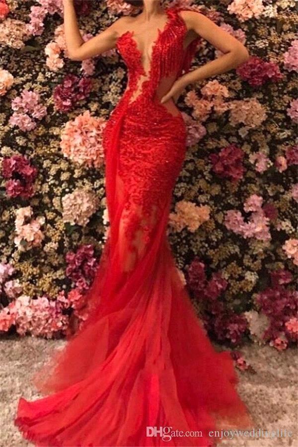 See Red Through Backless Sexy Mermaid Prom Dresses Fashion High End Lace Tulle Evening Gowns BC