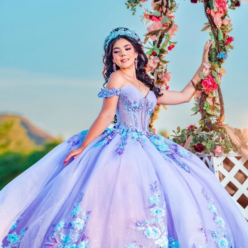 Lavender Shiny Quinceanera Dresses Sequin Lace Appliques Beading Tull Off the Shoulder Princess Ball Gown For Sweet 16 Vestidos De 15 Anos