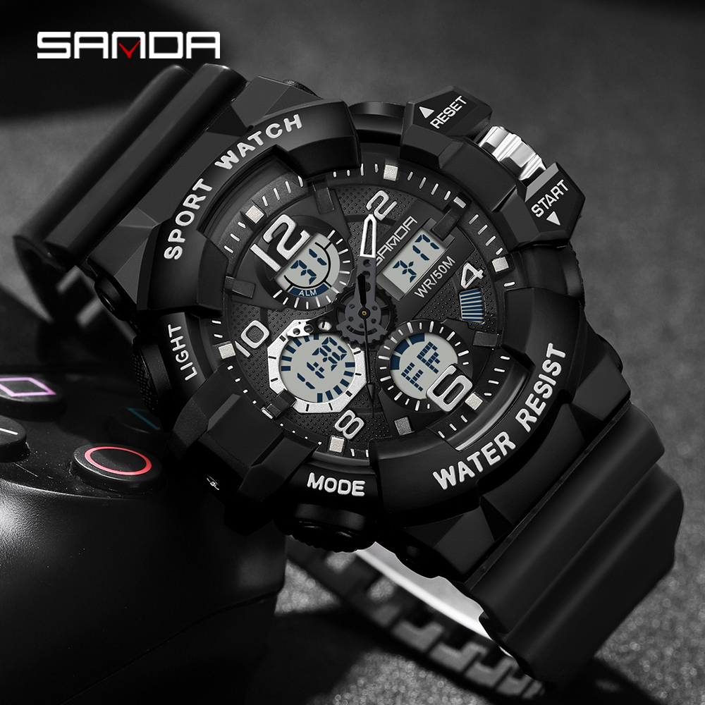 SANDA men's military watch black white sports watch LED digital 50M waterproof 3168 watch men's multifunctional clock Relogio Masculino 01