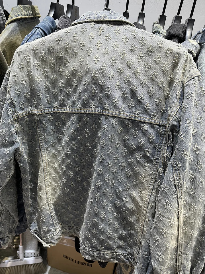 SpringSummer Jacquard Pattern Mens Denim Jacket Loose Suitable for Retro Jeans Coats Casual Clothing 240921