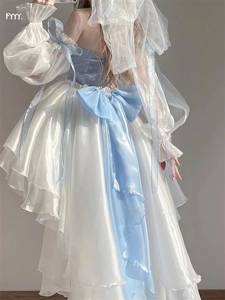 French Romantic Style Lolita Op Elegant Girl Role Playing Princess Puff Sleeves Ribbon Bow Flower Tune Network Dreamy Fairy Dress 240924