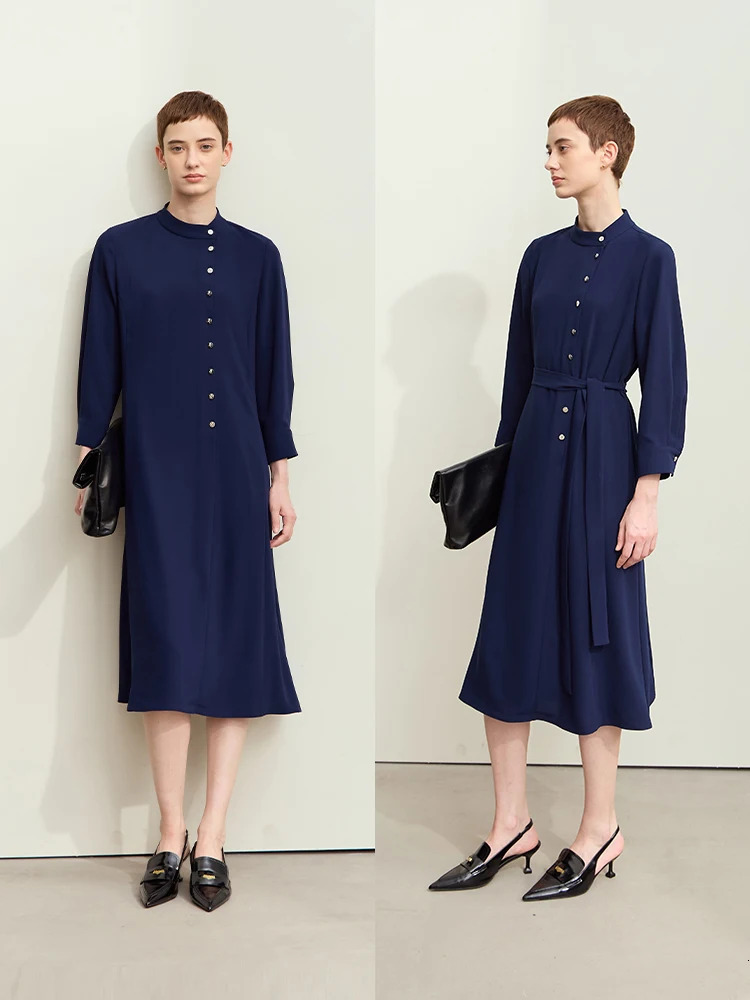 Amii Minimalism Dresses For Women 2024 Autumn New Stand Collar With Belt Midi A-E Loose Casual Chiffon Women's Dress 12443106