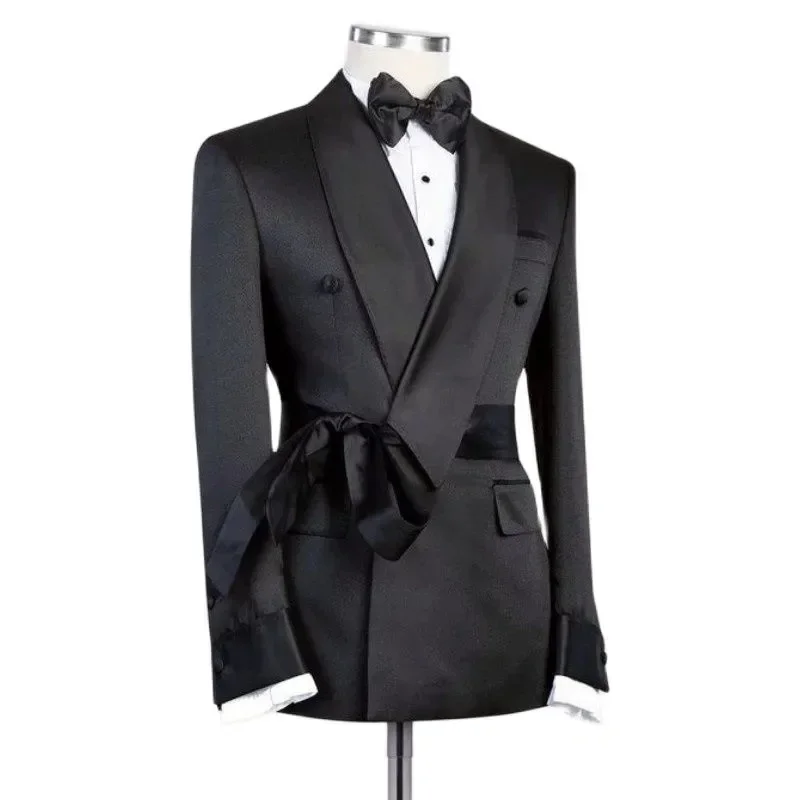 Double Breasted Suit Jacket for Men Wedding 2025 Shawl Lapel Slim Fit Groom Blazer with Belt 1 Pc Fashion Coat