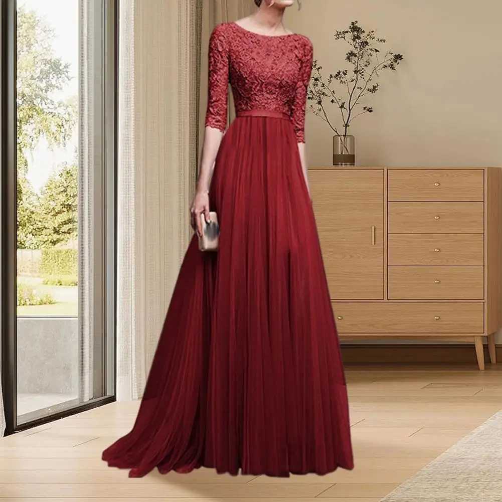 Womens Ball Dress Round Neck Lace Half Slip Tight Waist Floor Length Folded Womens Maxi Evening Dress CL240924