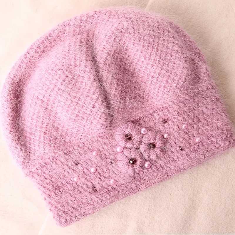 Knitted wool hat womens INS autumn and winter warm headband thickness 2023 new black floral beret W240924