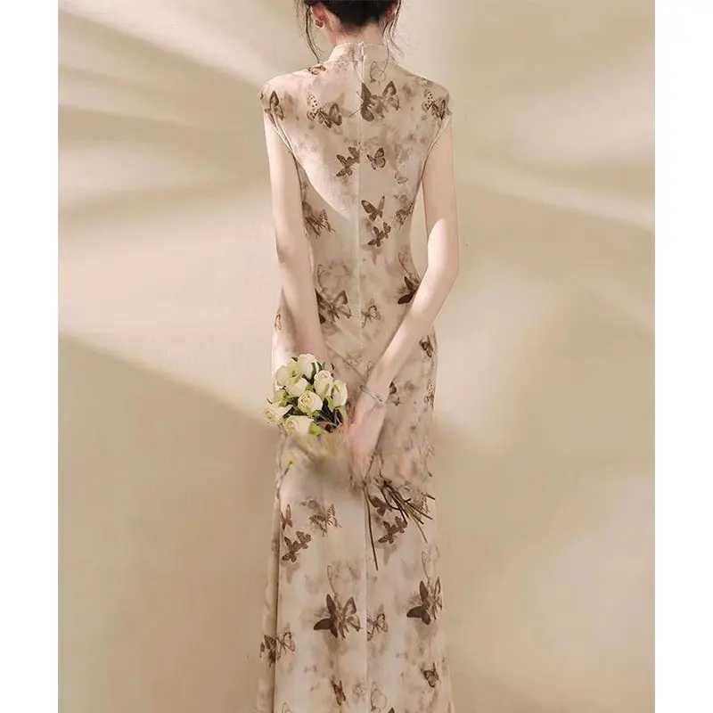 Womens Summer Fashion Simple Chinese Printed Cheongsam Fishtail Skirt Womens Elegant Warm Slim Fit Dress W240924