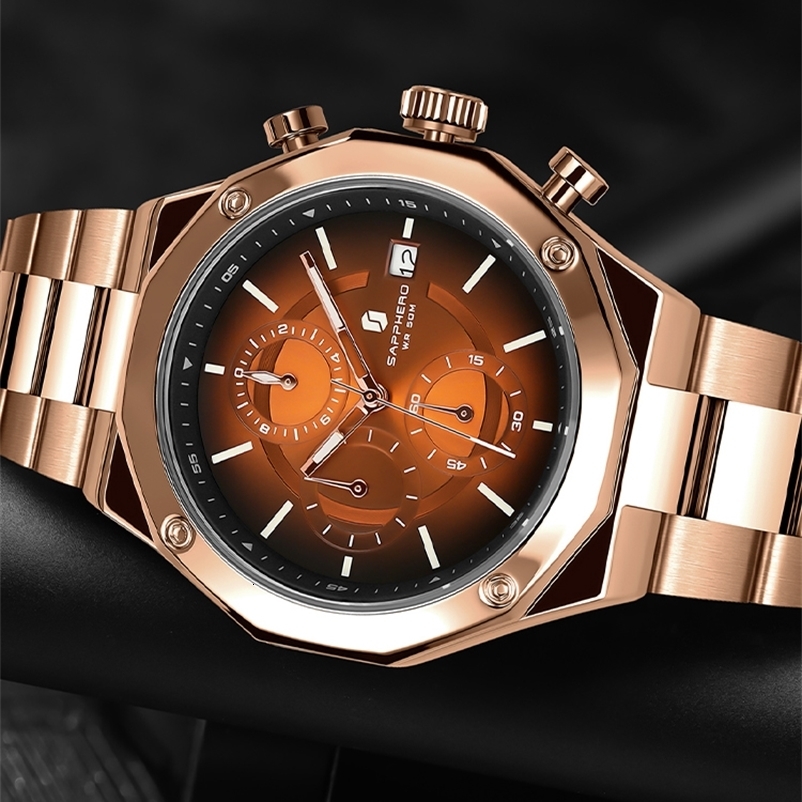 SAPPHERO Rose gold Chronograph Mens Watch Stainless Steel Quartz Watch Business Waterproof Luminous Calendar Wristwatch 240909