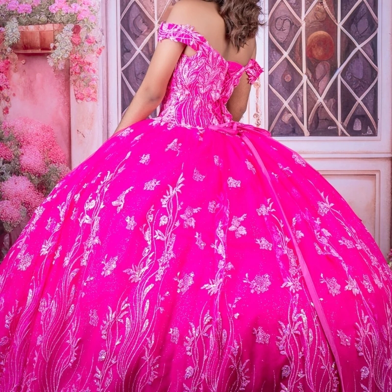 Sparkly Rose Red Princess Quinceanera Dresses Off Shoulder Sequin Lace Beads Crystal Tull Sweet 16 Dress Ball Gown Vestidos De 15 Anos