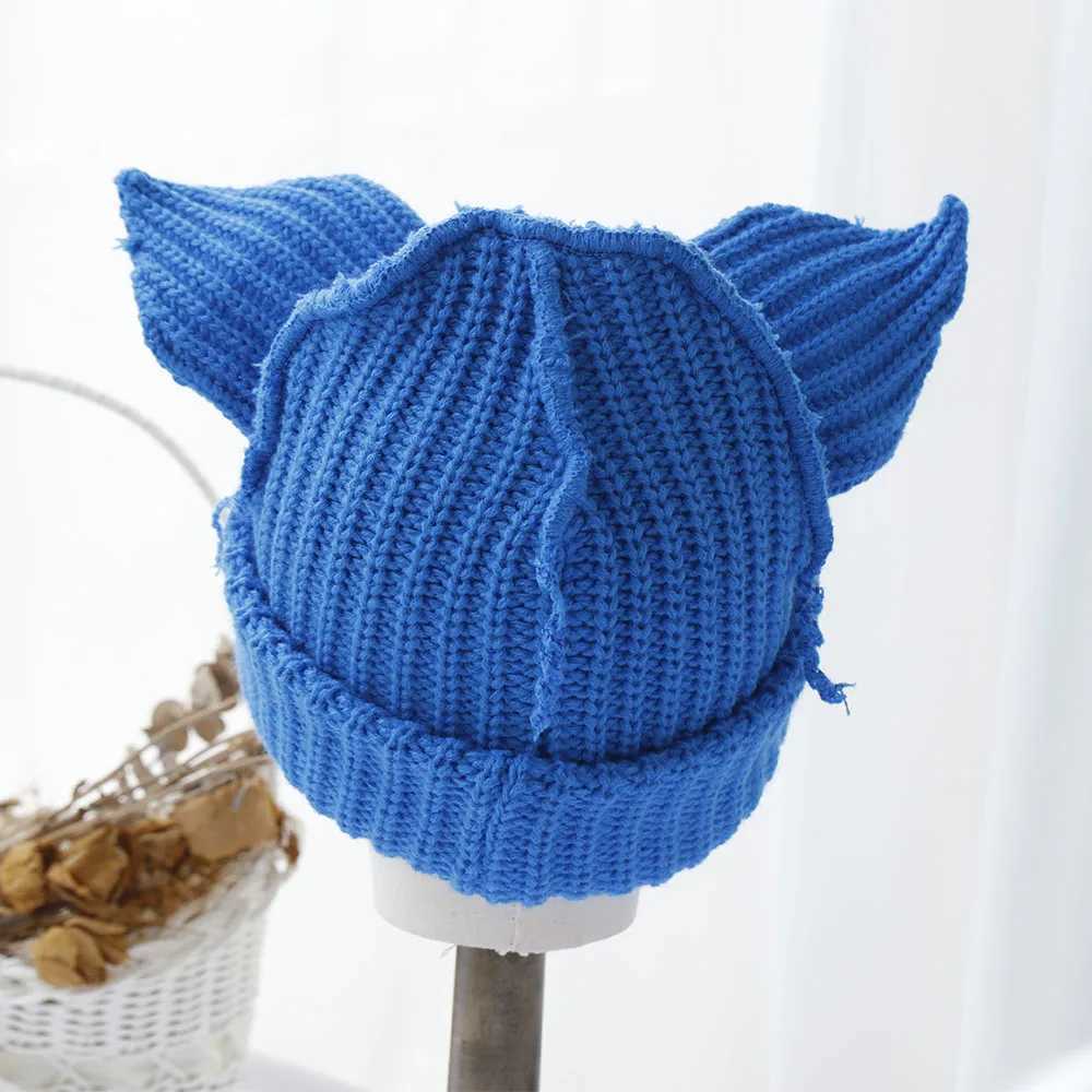 2024 Fashion Lover Boys Cat Ear Knitted Hat Solid Warm Pig Ear Wool Hat Cute Hoodie Design Hip Hop Christmas Gift W240924