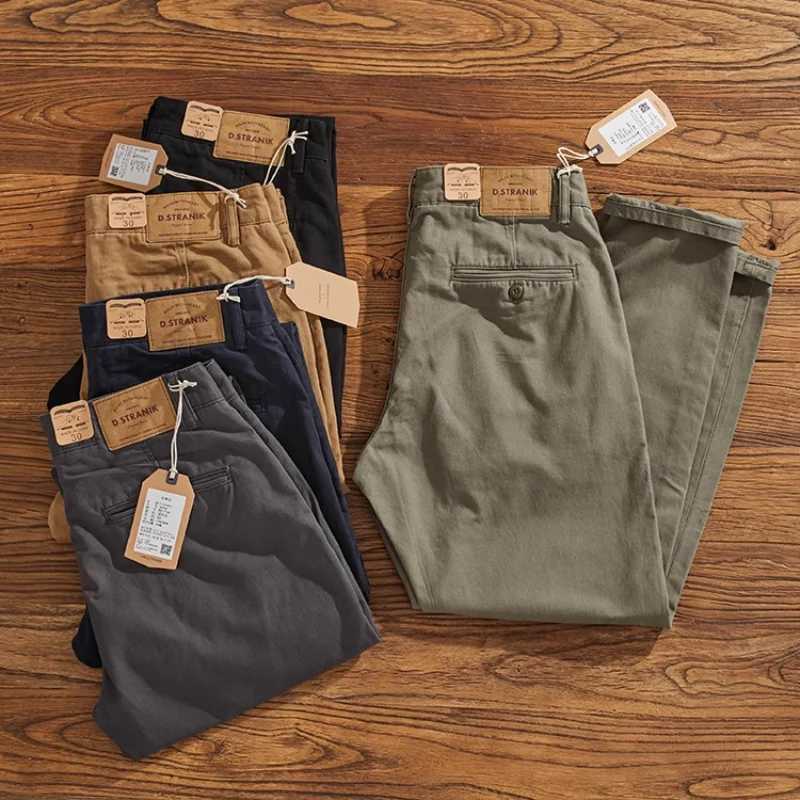 May Khaki American retro simple cargo pants mens heavy chino casual pants straight leg all matching tapered pants M240924