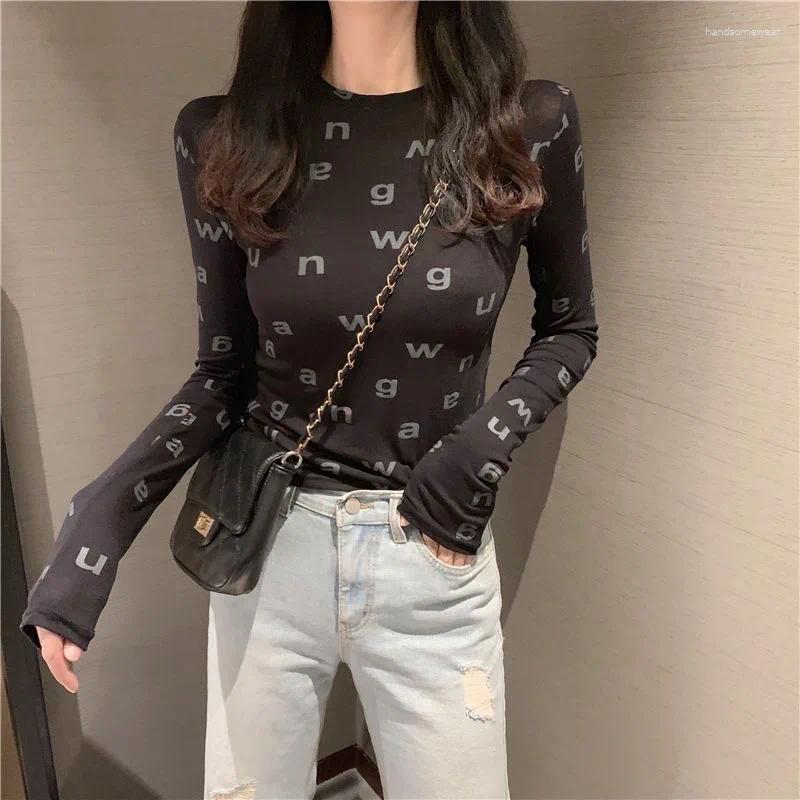Women's T Shirts Letter Printed Stretch Long Sleeves T-shirt For Women Slim Cotton O Neck Luxury Brand Designer Korea Fashion Tops Clothing