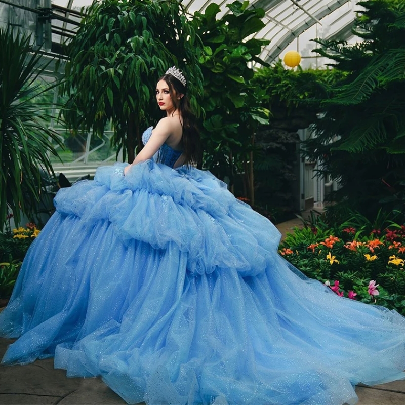Sky Blue Quinceanera Dresses Ball Gown Off the Shoulder Appliques Beads Tulle Tiered Birthday Party Corset Princess Vestidos De 15 Anos