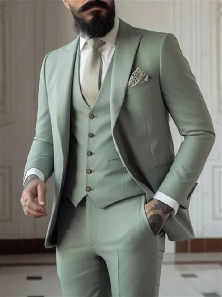 3 Piece Sage Green Mens Slim Fit Suits (Jacket+Vest+Pant) Wedding Groom Tuxedos Prom Formal Male Party Blazers Y240924