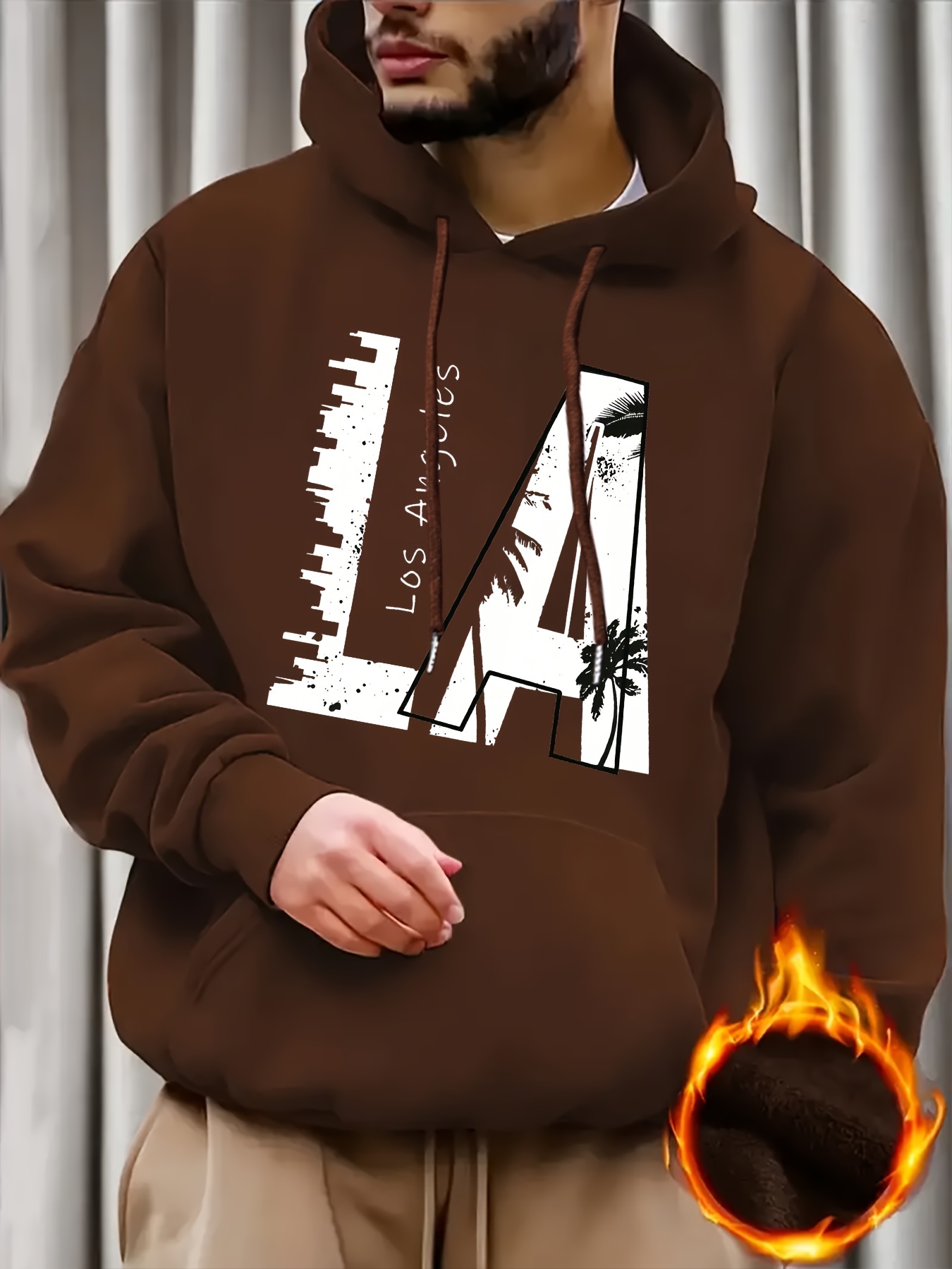 Men's LA Print Casual Hoodie - Fashionable Drawstring Pullover with Kangaroo Pocket, Comfortable Polyester Blend for Fall/Winter