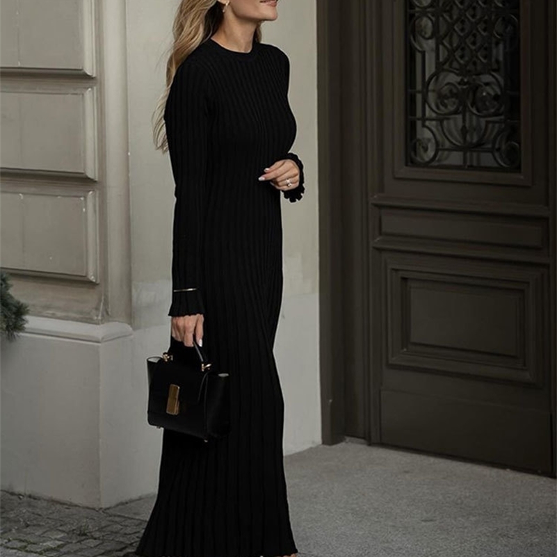 Women Elegant Solid Pleated Knitted Maxi Dress Casual Round Neck Long Sleeve Lace Up Dresses 2024 Autumn Lady High Street Robes y240923