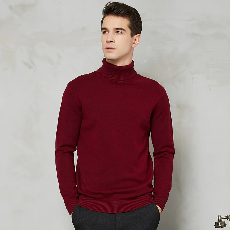 Autumn and Winter Warm Mens Turtle Neck Warm Wool Cotton Sweater Solid Color Casual Knitted Lanhua Year Red Christmas Sweater 240924