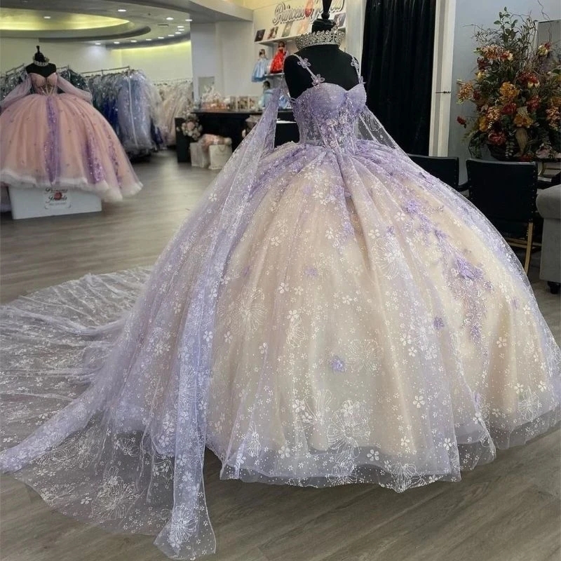 Lavender Shiny Quinceanera Dresses Champagne Lining 3D Flowers Floral Appliques Lace Tull With Cape Vestidos 15 De XV Anos Sweet 16 Dress